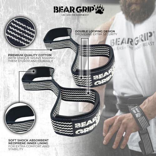 BEAR GRIP - Premium Figure 8 weight lifting straps (sold in pairs) (Black/White)