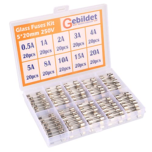 Gebildet 200 pcs 5x20mm Fast-Blow Glass Tube Fuse, Quick Blow Car Glass Tube Fuses Assorted Kit (AMP 0.5A 1A 2A 3A 4A 5A 8A 10A 15A 20A each 20pcs)