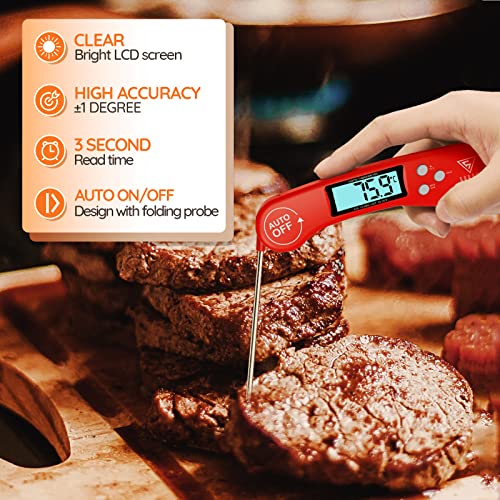 DOQAUS Cooking Thermometer, Digital Instant Read Food Thermometer Meat Thermometer Kitchen Thermometer with Foldable Probe, Backlit LCD Screen, Auto On/Off for BBQ, Grill, Suger, Milk, Deep Fry (Red)