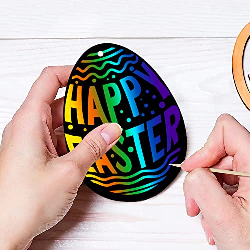 KEYIDO Pack of 36 Easter Crafts for Kids Adults Easter Gifts for Children Easter Egg Scratch Art for Easter Activities with 10pcs Wood Stylus and 36pcs Ribbons Easter Party Bag Fillers