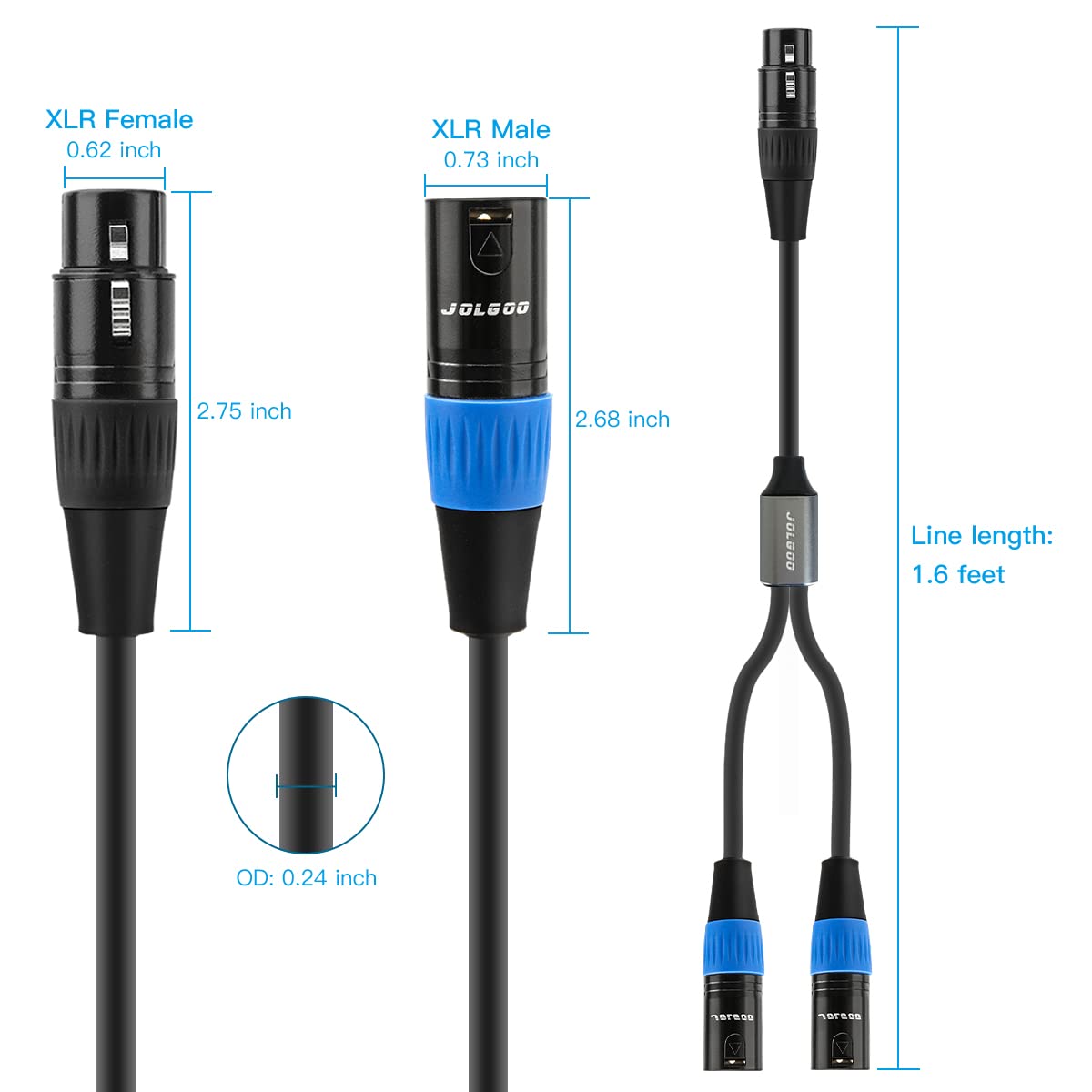 JOLGOO XLR Splitter Cable, XLR Female to Dual XLR Male Y Splitter Microphone Cable, Female to 2 Male XLR Y Cable, 50 cm