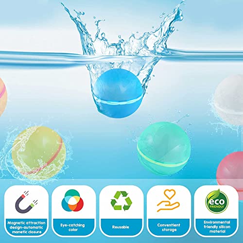 SOPPYCID Reusable Magnetic Water Balloons, 4PC Refillable Water Bomb Splash Balls Self Sealing Quick Fill, Latex-Free Silicone Water Toys for Kids Adults Water Games Outside Summer Fun Party