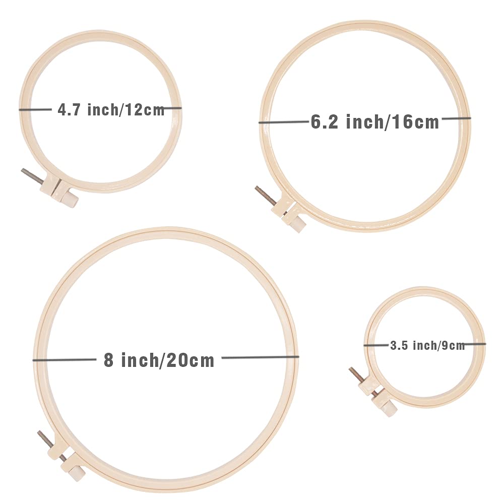 LAMXD 4Pcs 4 Sizes Round Embroidery Hoop Plastic Circle Cross Stitch Hoop Ring for Craft Sewing,with Gold Eye Embroidery Needles, Embroidery Hoop