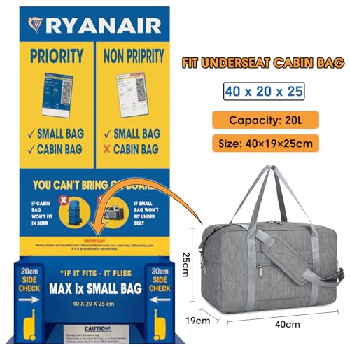 for Ryanair Airlines Cabin Bag 40X20X25 Underseat Foldable Travel Duffel Bag Holdall Tote Overnight Carry on Luggage for Women and Men 20L (Grey)