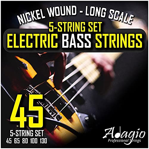 inches5 String inches Electric Bass Strings Light/Medium Gauge   Steel Core Set With Ball Ends   Best For Playing Power/Swing Bass Guitars (Five String Bass Guitar Strings Long Scale) - ADAGIO PRO