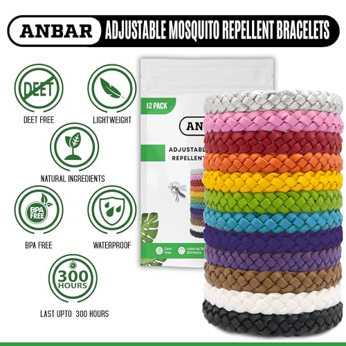 Anbar Leather Mosquito Repellent Bracelets for Adults and Kids, 12 Pack, Deet Free, All-Natural Anti-Mosquito, Tick, and Insect Essential Oils, 300-Hour Waterproof Outdoor Protection (Solid)