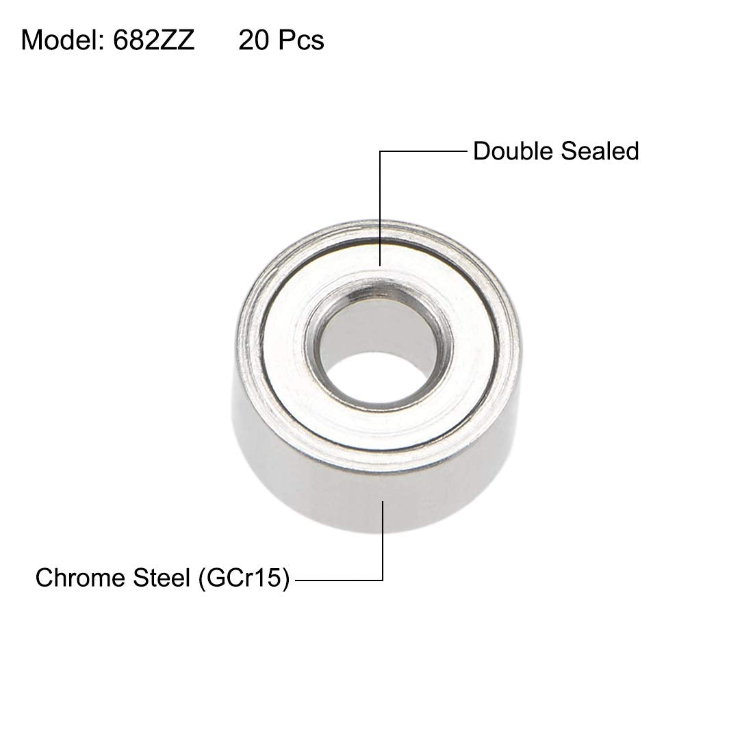 sourcing map 682ZZ Deep Groove Ball Bearings 2mm Inner Dia 5mm OD 2.3mm Bore Double Shielded Chrome Steel Z2 20pcs