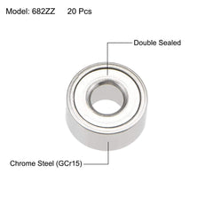 sourcing map 682ZZ Deep Groove Ball Bearings 2mm Inner Dia 5mm OD 2.3mm Bore Double Shielded Chrome Steel Z2 20pcs