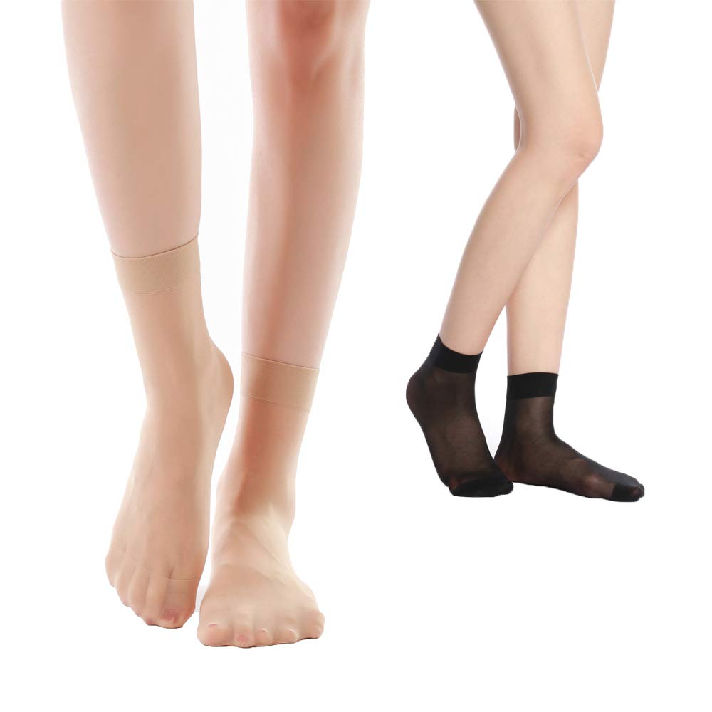 12 Pairs Women's Ankle High Sheer Pop Nylon Socks, 20D Transparent Comfortable Silk sheer Socks (NudeandBlack)