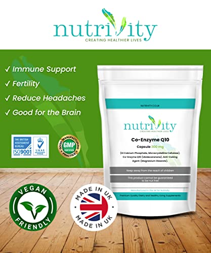 CoQ10 300mg Vegan Capsule - Co Enzyme Q10 High Strength Naturally Fermented Ubiquinone - Made in The UK by Nutrivity (60)