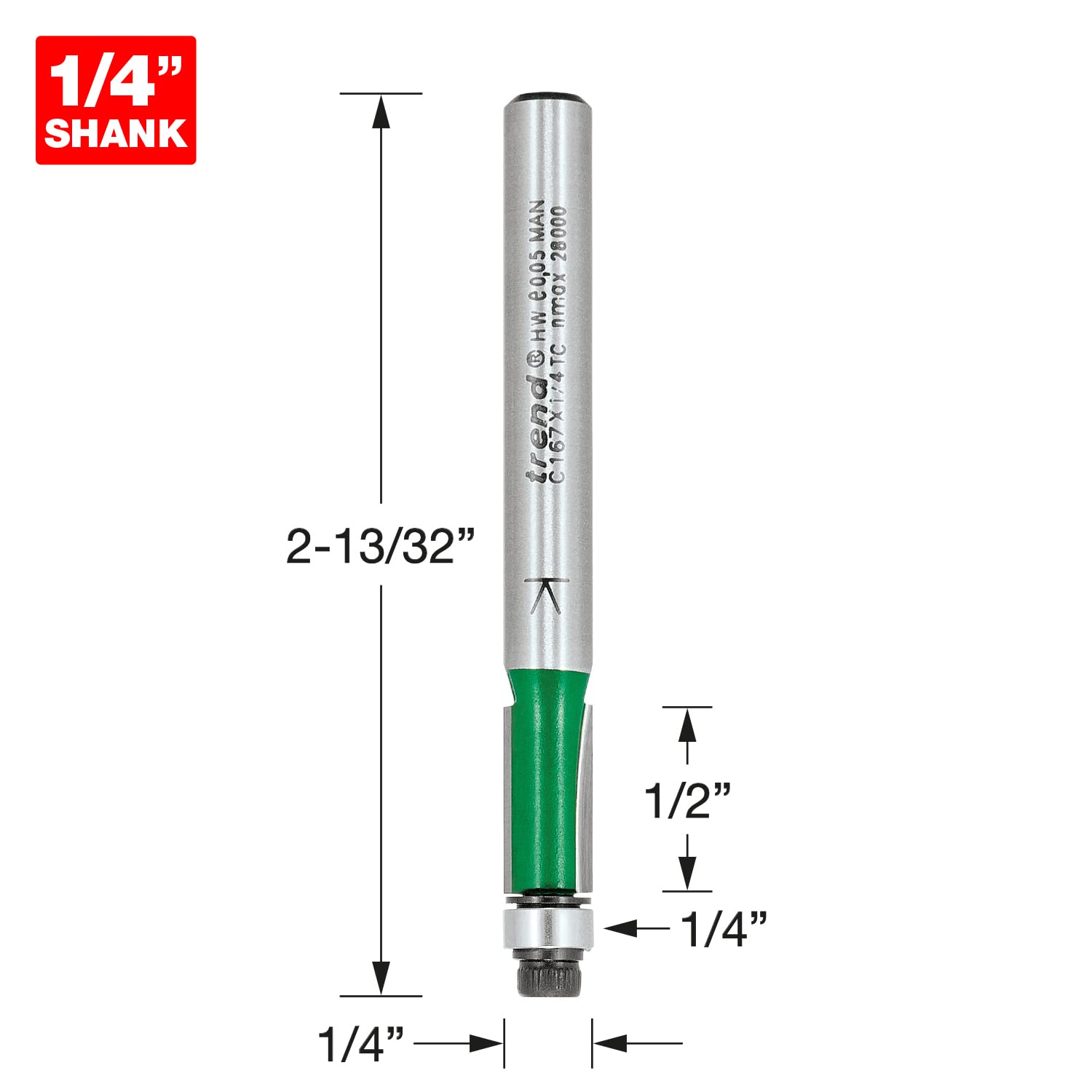 Trend CraftPro Guided Trimmer Router Cutter Bit, 1/4 Inch Shank, 6.35mm Cut Diameter & 12.7mm Cut Length, Tungsten Carbide Tipped, C167X1/4TC, Silver