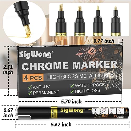 SigWong Metallic Chrome Markers, 4Pcs Mirror Acrylic Pens Paint, Waterproof and Reflective, Gloss Permanent Liquid Chrome Pen for Resin Painting, Model Metal Glass Plastic Painting - Gold