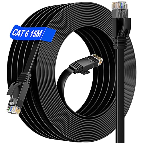 Long Internet Cable 15m, Ethernet Network Cable 15m High Speed, Cat 6 Flat Gigabit Internet Cable, RJ45 Lan Patch Cable for Home/Router/Switch(15 FREE Clips) - Faster Than Cat5/Cat 5E/False Cat 7