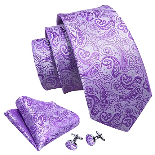 Barry.Wang Man Solid Tie Set Silk Paisley Light Purple Necktie Pocket Square Cuff Links Business