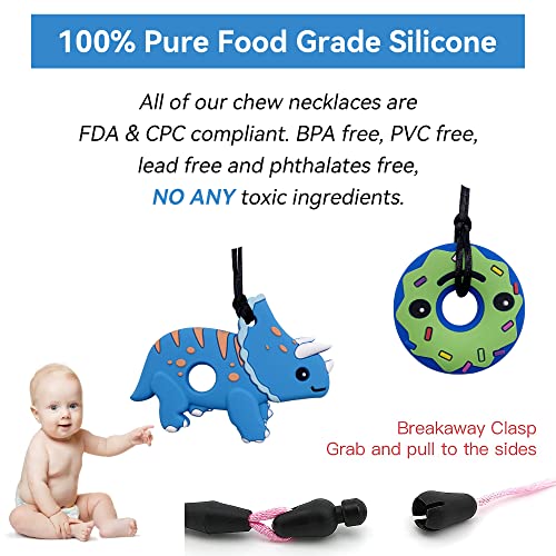 EXGOX Sensory Chew Necklaces for Kids Toddlers,4 Pack Silicone Chewy Sticks for Autistic,ADHD,Biting Needs, Oral Motor Chewy Teether Chewing Pendant Toys with Adjustable Buckle for Kids Boys