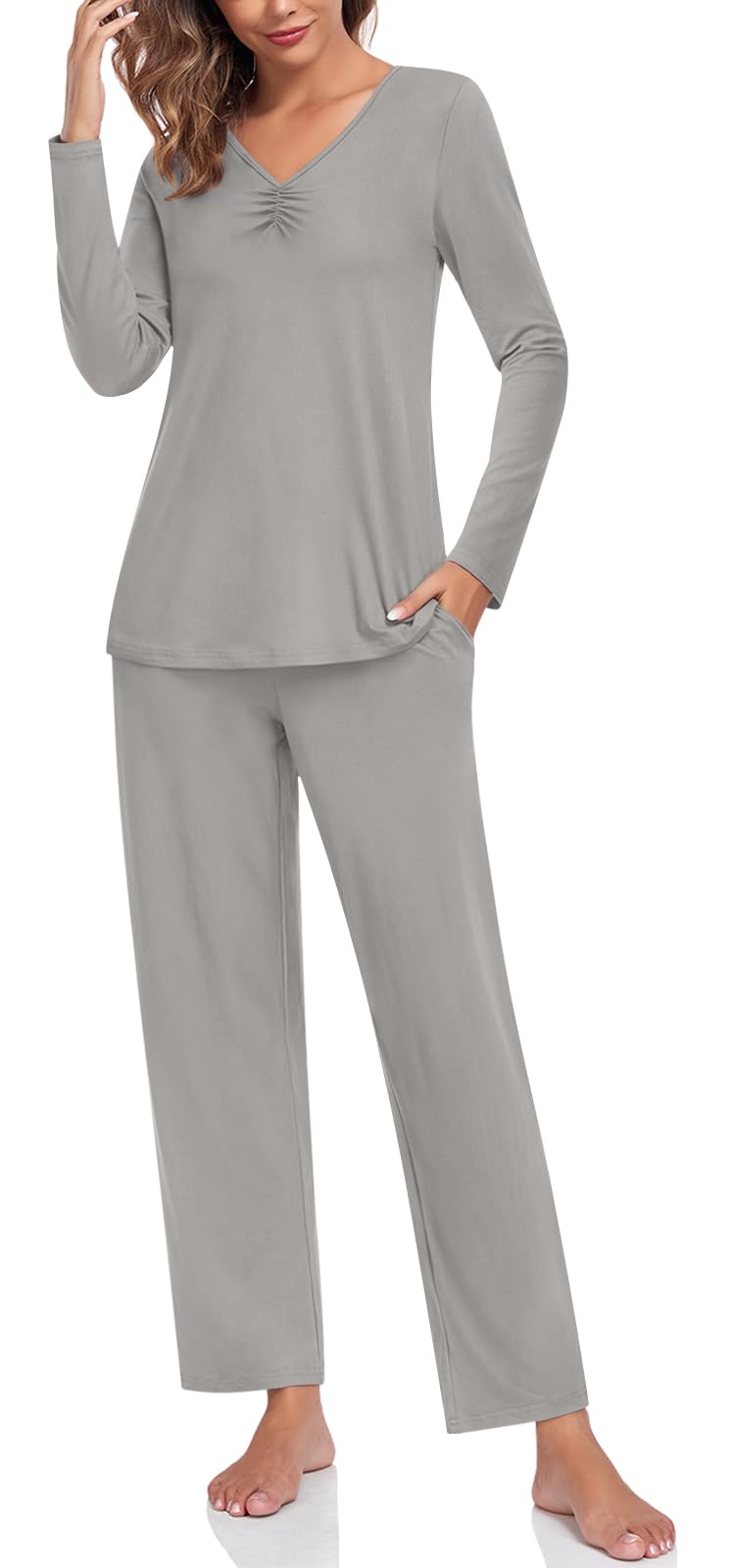 Findsweet Womens Fall Pajama Sets 2 Piece Lounge Sleepwear Long Sleeve Soft Pjs Top Comfy Pjs Pants with Pockets 2XL, Grey