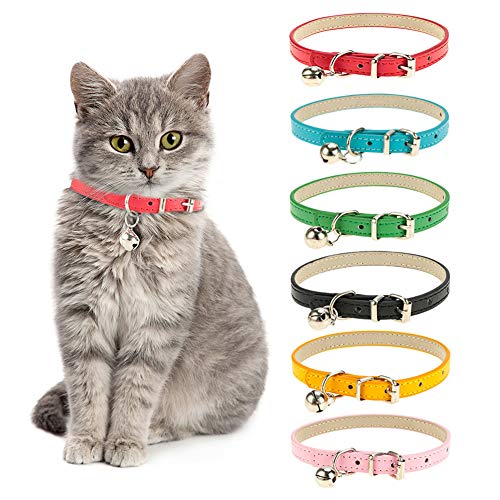 Yorgewd 6 Pack Leather Cat Collars with Removable Bell Polished Durable Metal Buckle Soft and Adjustable for Cats Puppy Small Medium Dogs