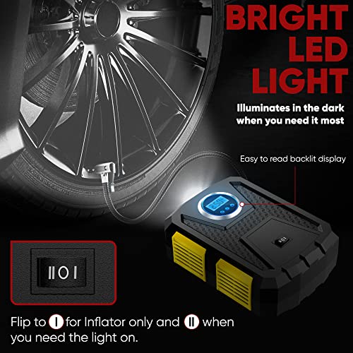 FORTEM Tyre Inflator Air Compressor, Car Tyre Pump, Car Tyre Inflator 12v, Electric Car Pump For Tyres w/LED Light, Digital Tyre Inflator for Bikes, Auto Pump/Shut Off, Carrying Case (Yellow)