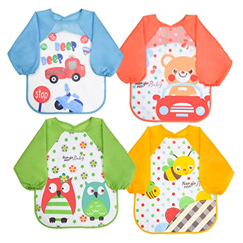 Vicloon Bibs with Sleeves, 4 Pcs EVA Unisex Feeding Baby Bibs Waterproof Long Sleeve Bib Apron Lovely Cute Cartoon Bibs for Infant Toddler 6 Months to 3 Years Old