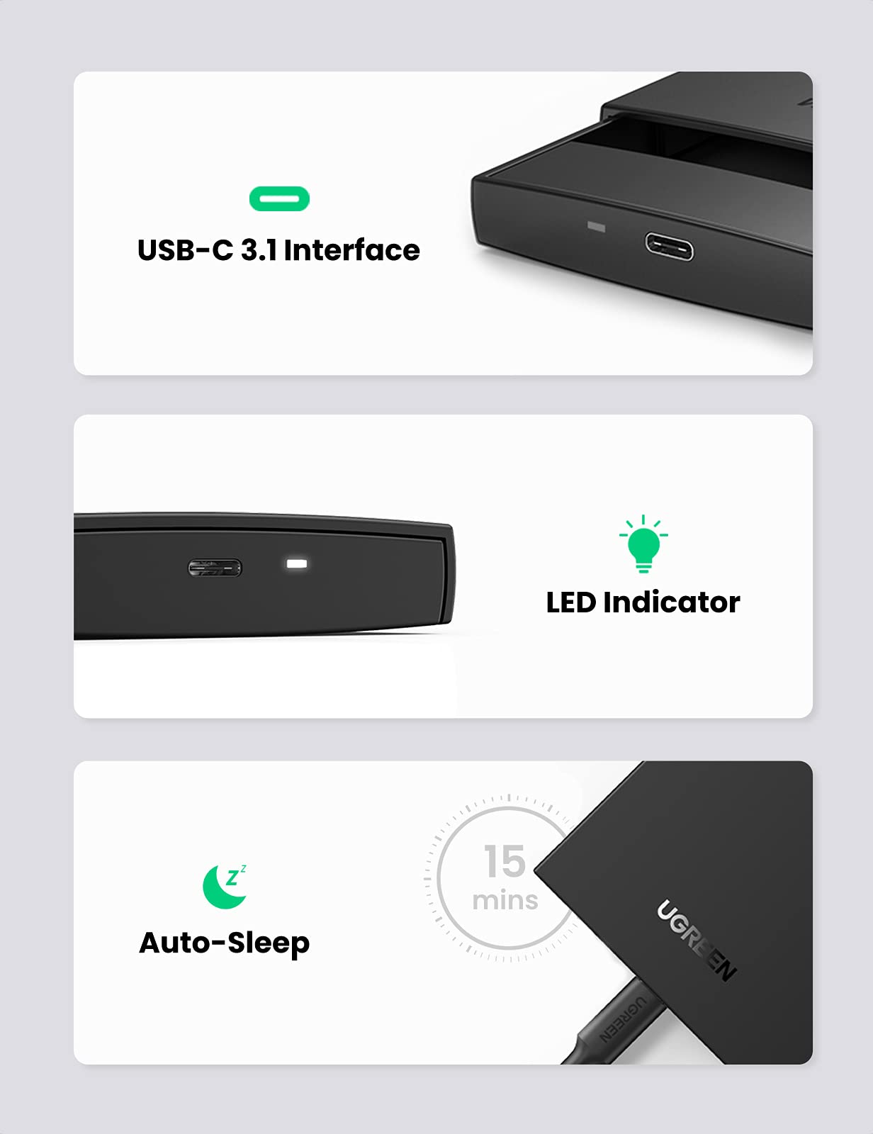 UGREEN 2.5 Inch Hard Drive Enclosure, USB C 3.1 6Gbps External HDD Case, UASP Supported, Compatible with 2.5 Inch SATA SSD HDD up to 10TB Crucial MX500 EVO 870, Driver-free on PC Laptop MacBook PS4