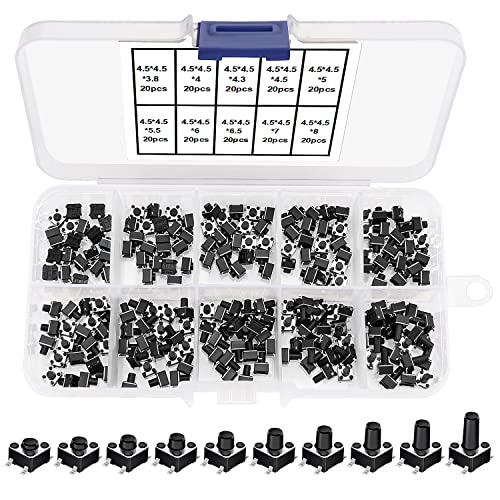 VooGenzek 200 PCS Micro Momentary Tactile Push Button Switch, 4.5×4.5mm 10 Types of Button Switch Assortment Kit, for Fields of Electronic Products, Black