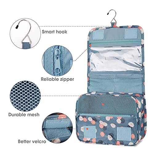 Travel Hanging Toiletry Wash Bag Makeup Cosmetic Organizer for Women Waterproof (Blue Flower)