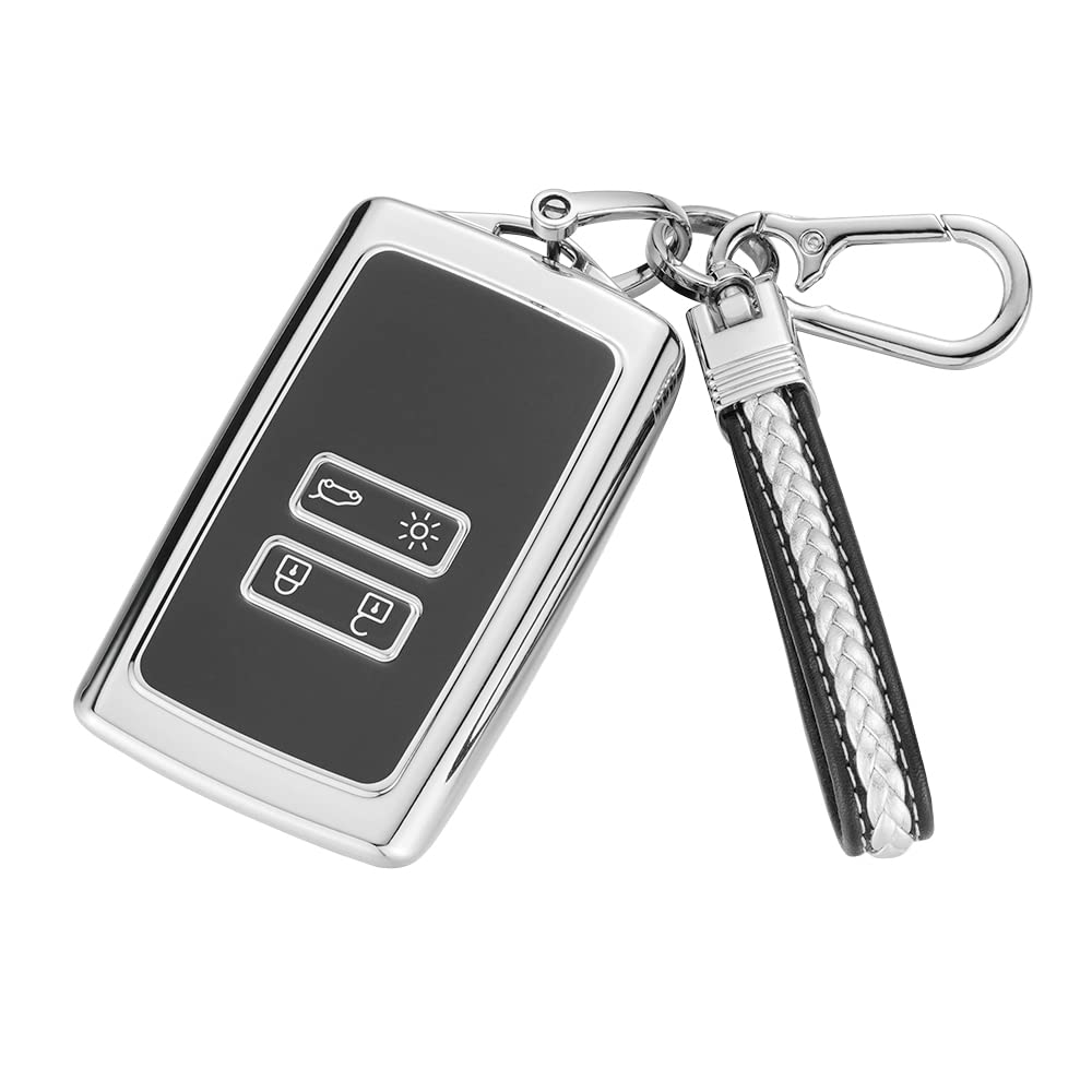 TPU Cover Shell for Renault 4 Buttons Car Key Fob,Keyless Smart Card Case Holder Fit to Clio/Megane/Kadjar/Captur/Dacia Duster，with Keychain - Silver