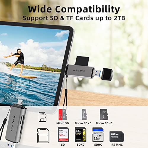 SD Card Reader, WALNEW USB 3.0 and USB-C to SD/Micro-SD TF Memory Card Adapter for Mac,MacBook,Computer/PC,Laptop,iPad 10,iPhone 15 Pro/Max,Samsung Galaxy Android Phone,Support UHS-I SDHC/SDXC/MicroSD