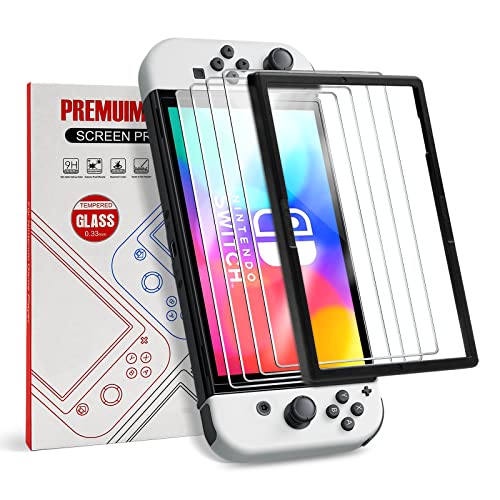 Lusee 4 Pack Screen Protector compatible with Nintendo Switch OLED Model 2021 7'' Tempered Glass with Install Frame Tool [Full Coverage] [Anti Scratch] [without Air Bubbles] [HD Clear]