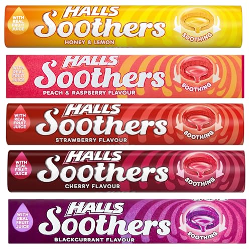 Halls Soothers 5X 45g Mixed Flavour Drops Mints Cherry, Strawberry, Peach & Raspberry, Blackcurrant, Honey & Lemon Bundle