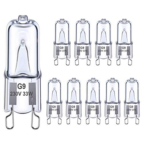 Ugvmn G9 Halogen Light Bulbs 33W, G9 Clear Capsule Bulb Warm White 2700K, G9 Oven Bulb No Strobe, G9 Bi-Pin Base No Flicker, AC 220-240V, Dimmable, 10 Pack