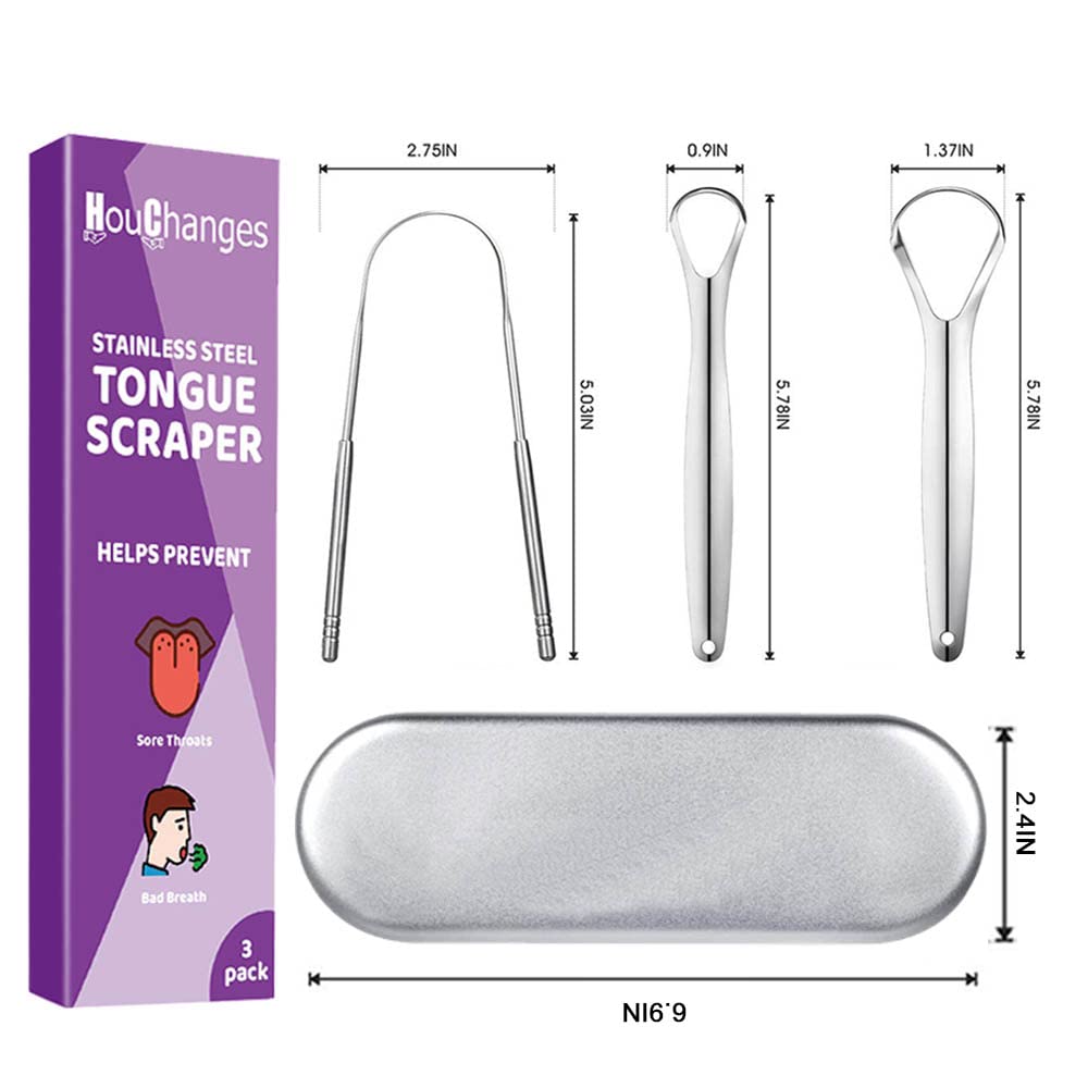 3 Kinds Tongue Scraper Gift Set,Stainless Steel Tongue Cleaners with Case Fresh Breath Restored Taste