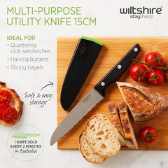 Wiltshire Staysharp Triple Rivet Multi-Purpose Utility Knife 15cm 6, Built-in Sharpener, Keep Your Knife Sharp at All Times, Slim Design Scabbard, Ergonomic Triple Rivet Handle, 10 Year Guarantee