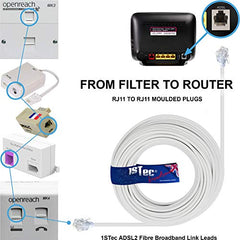 1STec 10M ADSL2and Super High Speed Cat5e RJ11 Broadband Hub Internet Extension Cable for BT Infinity Sky Q Talktalk Plusnet EE Vodafone Post Office Router on Fibre or Standard Services 10 Metre White