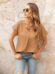 Yommay Blouses for Womens V Neck Ladies Tops Summer Chiffon Blouses Tops Short Sleeve Casual T Shirts,Brown,M