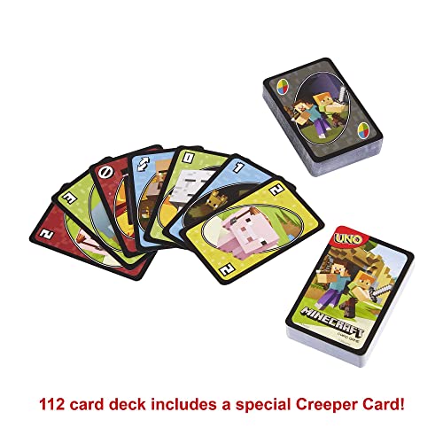 Mattel Games UNO Minecraft, Collectible Card Deck with 112 Cards, Card Game for Family Game Night, Use as Travel Game, Engaging Gift for Kids, 2 to 10 Players, Ages 7 and Up, FPD61