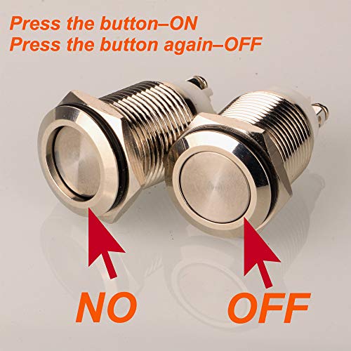 Gebildet 2pcs 16mm 12V/24V/125V/250V/5A Latching Push Button Switch with 2 Screw Terminals Stainless Steel Metal Waterproof Button(Flat Head)