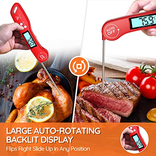 DOQAUS Cooking Thermometer, Digital Instant Read Food Thermometer Meat Thermometer Kitchen Thermometer with Foldable Probe, Backlit LCD Screen, Auto On/Off for BBQ, Grill, Suger, Milk, Deep Fry (Red)