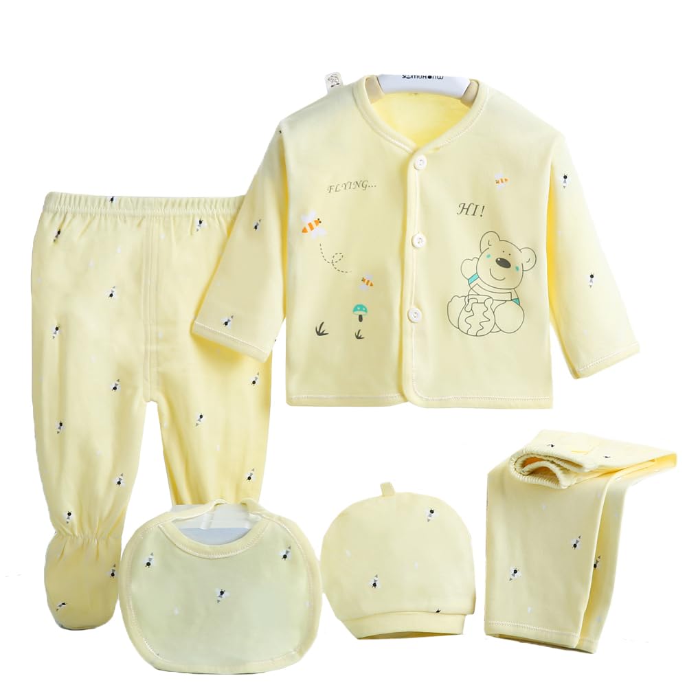 Gajaous Baby Boy Girl's 5PCS Newborn Cotton Grow Top Hat Pants PlaySuit Sets Outfit, Yellow #5, 0-3 Months