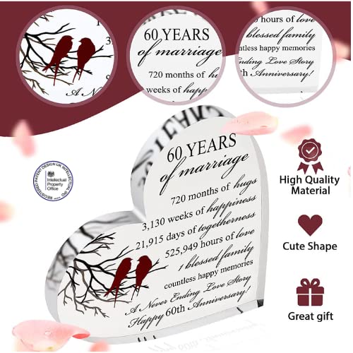 VELENTI 60th Wedding Anniversary Present for Him and Her - Diamond Anniversary Present for Couple - Unique Acrylic Heart-Shaped Keepsake for 60 Anniversary