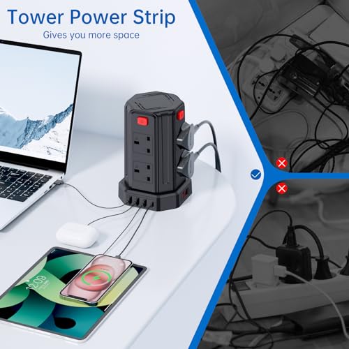 Tower Extension Lead, [13A 3250W] Surge Protector Extension Lead,8 AC Outlets & 4 USB Ports Multi Plug Socket Power Strip with 3M Extension Cable for Home, Office