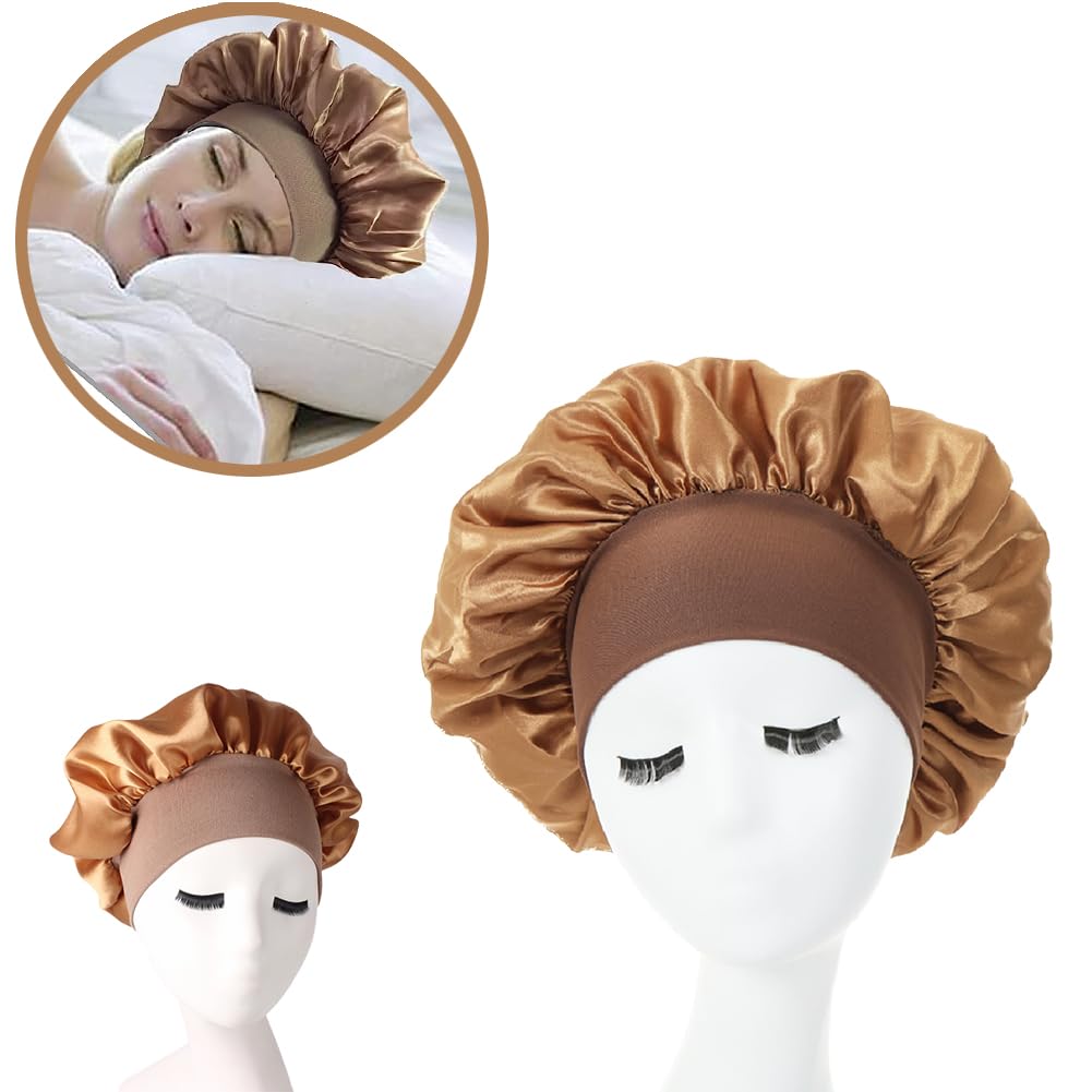 Hair Bonnet for Sleeping, Wide Elastic Band Satin Bonnet Silk Bonnet Shower Cap for Women Girls Makeup Hair Care Elastic Hat Soft Sleep Cap Satin Head Cover for Night Sleep Curly Hair Protection