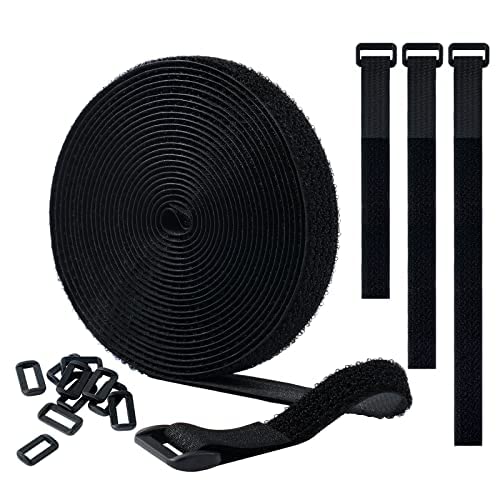 Ainiv Cable Straps, 5m(Width:20mm)) Adjustable Free Cut Length, Reusable Self-Adhesive Tape Cable Ties with 10 Buckles, Multipurpose Wire and Cable Organizer for Office, Home (Black)