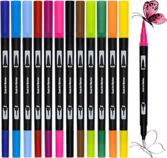 Colouring Pens for Adults Pack of 12 - Fineliners Dual Tip Brush Pens for Lettering, Drawing, Journaling, Colouring & Painting - Felt Tip Pens for Adults Drawing & Art Projects - Best Gift for Kids