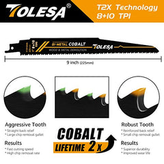 TOLESA Metal Wood Demolition Reciprocating Saw Blades 225mm 8and10TPI Sawzall Blades for Steel Pipe Cutting, Drywall, Chipboard, Glass Fiber-Reinforce Plastic and Composite Materials Demolition 5 Pack