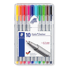 STAEDTLER 334 SB10 Triplus Fineliner Superfine Pen, 0.3mm Line Width - Assorted Colours (Desktop Box of 10)