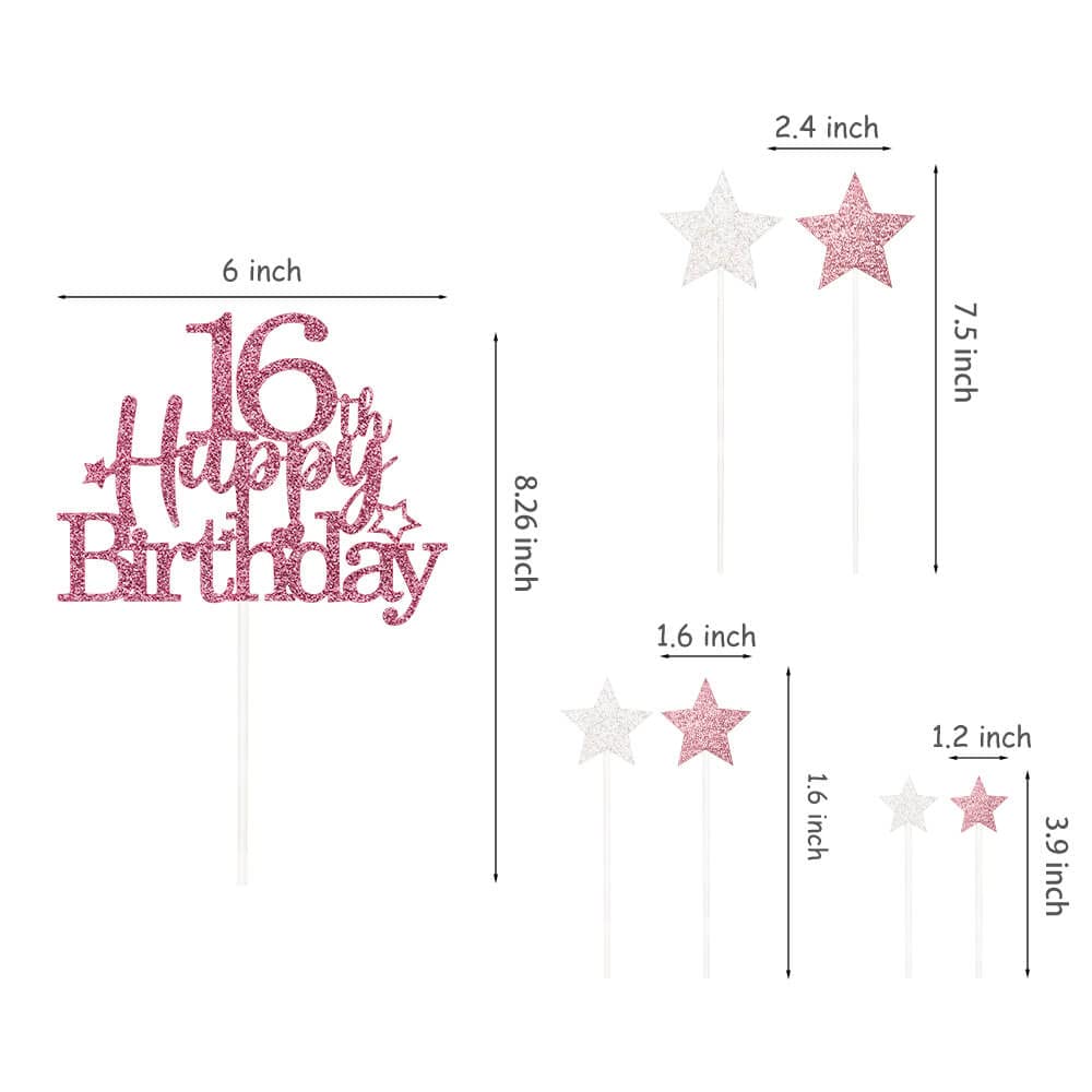 Glittery 16th Happy Birthday Cake Topper with Star,16 Birthday Cake Toppers Party Decorations Party Supplies for Girls Rose Gold