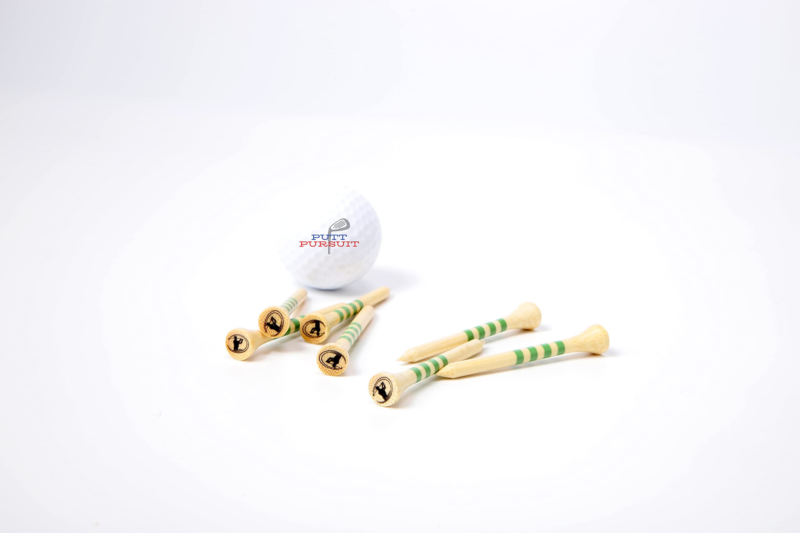 Putt Pursuit 7cm/70 mm Natural Golf Tees with 4 Green Strips (50 Pack) - Professional Tees, Sturdy, Biodegradable & Sustainable - Premium Natural Bamboo Wood Material - Curved Top for reduced friction