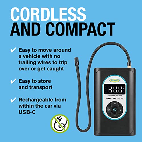 Ring Automotive RTC4000 cordless tyre inflator air compressor car pump. Rechargeable, auto stop, LED light, digital screen, memory function, case and adaptor kit