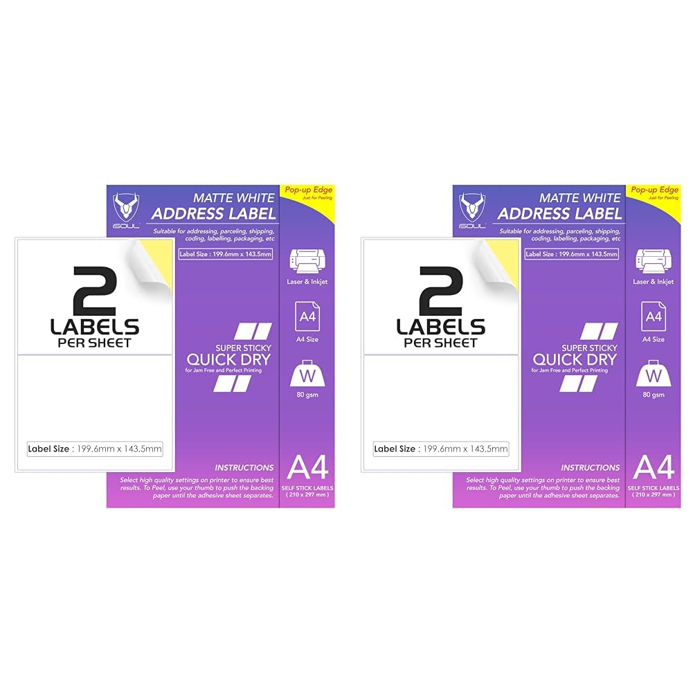 2 Labels Per A4 Sheet, 50 Sheets 100 Sticky Label, Printable Sticker Paper, iSOUL Matte Self Adhesive Address Mailing, Shipping, Postage, Laser & Inkjet Printer Compatible [Quickdry] (Pack of 2)